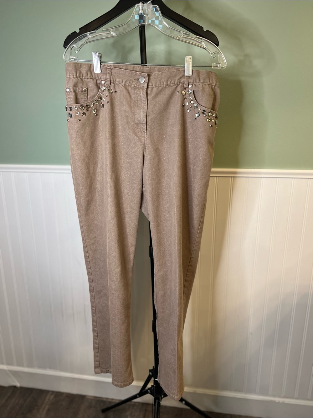 Ruby Rd. Metallic Taupe Jeans with Jeweled Pocket Accents. Size 12P